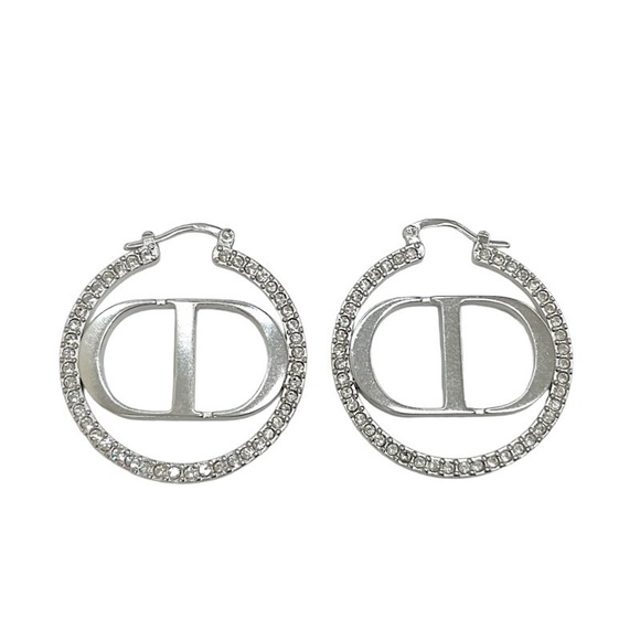 Dior Earrings  Montaigne Christian Silver Rhinestone CD Hoop 30 Lopgo - Picture 1 of 9